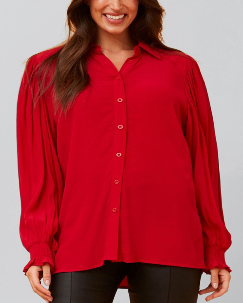 Front of a model wearing a size XL Cindy Shirt Long Puffy Fitted Sleeves Solid in Red by ANNICK. | dia_product_style_image_id:352487